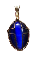Load image into Gallery viewer, Custom Wire Wrapped Blue Fiberstone/Catseye Cross Necklace/Pendant 14KGF