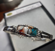 Load image into Gallery viewer, Custom Cut Polished Wire Wrapped Spiney Oyster Turquoise &amp; Bronze Bracelet Size 7 1/2 Sterling Silver