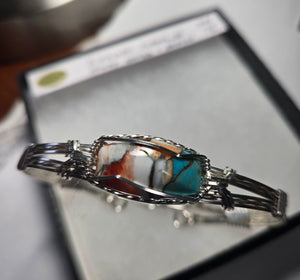 Custom Cut Polished Wire Wrapped Spiney Oyster Turquoise & Bronze Bracelet Size 7 1/2 Sterling Silver