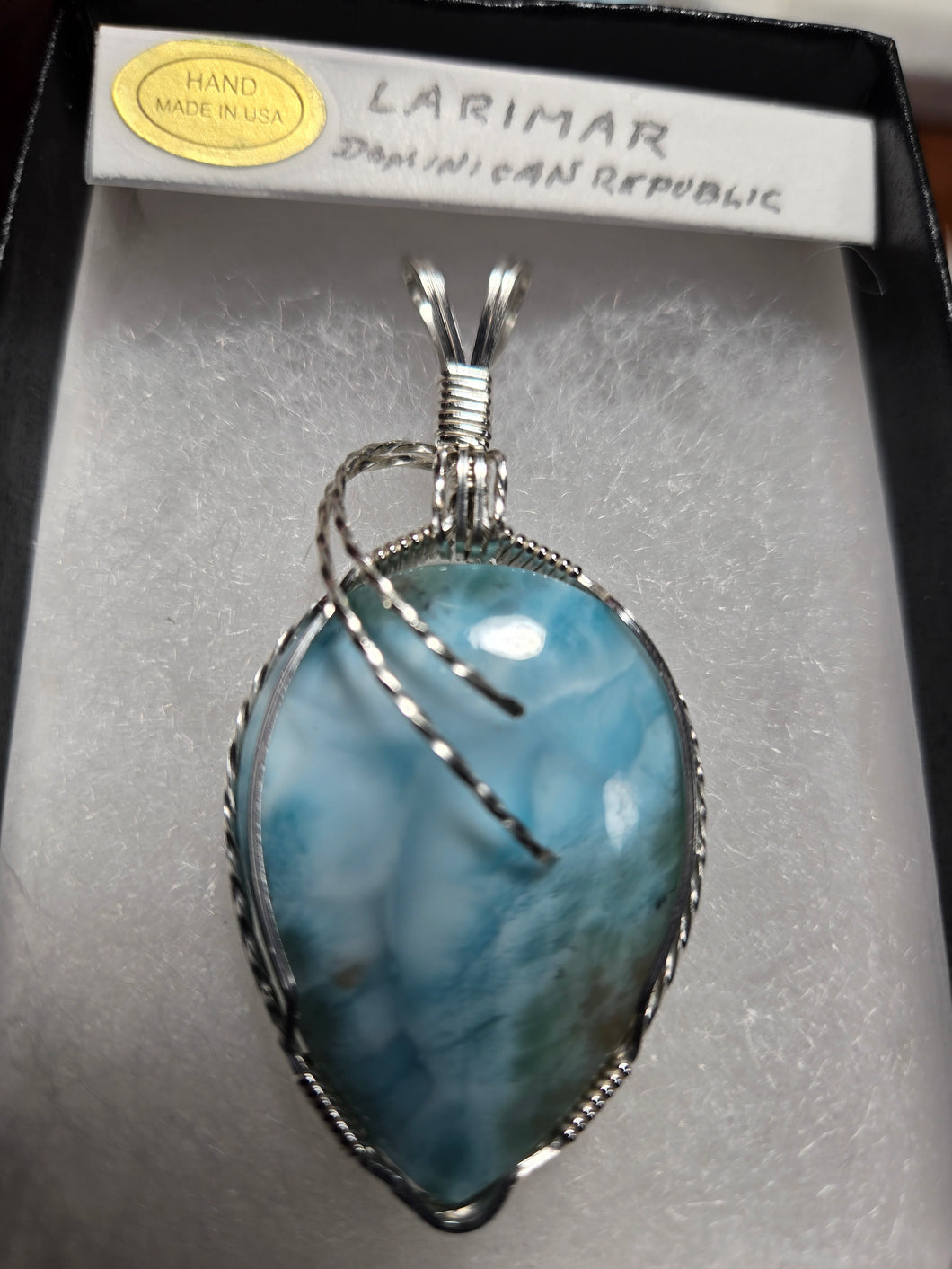 Custom Cut Polished & Wire Wrapped Larimar Necklace/Pendant Sterling Silver