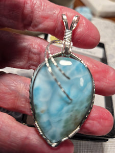 Custom Cut Polished & Wire Wrapped Larimar Necklace/Pendant Sterling Silver
