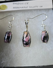 Load image into Gallery viewer, Custom Cut Polished &amp; Wire Wrapped Rhodonite Set Necklace/Pendant Earrings Sterling Silver