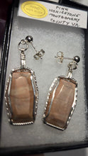 Load image into Gallery viewer, Custom Cut Polished Wire Wrapped Virginia Tech Pink Hokie Stone Earrings Sterling Silver