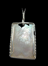 Load image into Gallery viewer, Custom Wire Wrapped 1800's Gaming Chip Hand Carved Mother of Pearl Necklace/Pendant  Sterling Silver