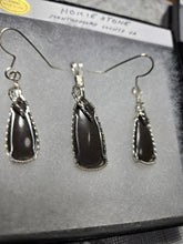 Load image into Gallery viewer, Custom Cut Polished &amp; Wire Wrapped Virginia Tech Gray Hokie Stone Set: Necklace/Pendant/Earrings Sterling Silver