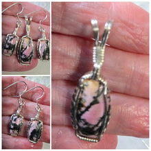 Load image into Gallery viewer, Custom Cut Polished &amp; Wire Wrapped Rhodonite Set Necklace/Pendant Earrings Sterling Silver