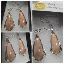 Load image into Gallery viewer, Custom Cut Polished Wire Wrapped Virginia Tech Pink Hokie Stone Earrings Sterling Silver