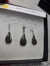 Load image into Gallery viewer, Custom Wire Wrapper Polished Hokie Stone Virginia Tech Gray Quarry Set: Earrings, Necklace/Pendant Sterling Silver