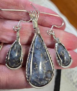 Custom Wire Wrapped Blue Quartz Madison County VA Set Necklace/Pendant Earrings Sterling Silver