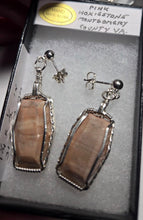 Load image into Gallery viewer, Custom Cut Polished Wire Wrapped Virginia Tech Pink Hokie Stone Earrings Sterling Silver