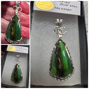 Custom Cut Polished & Wire Wrapped Peruvian Blue Opal Necklace/Pendant Sterling Silver
