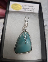 Load image into Gallery viewer, Custom Cut Polished &amp; Wire Wrapped Larimar Necklace/Pendant Sterling Silver