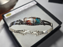 Load image into Gallery viewer, Custom Cut Polished Wire Wrapped Spiney Oyster Turquoise &amp; Bronze Bracelet Size 7 1/2 Sterling Silver