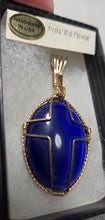 Load image into Gallery viewer, Custom Wire Wrapped Blue Fiberstone/Catseye Cross Necklace/Pendant 14KGF