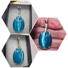 Load image into Gallery viewer, Custom Wire Wrapped Blue Fiberstone (Cats Eye) with Cross Necklace/Pendant Sterling Silver
