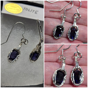 Custom Wire Wrapped Faceted Iolite (Water Sapphire) Earrings Sterling Silver