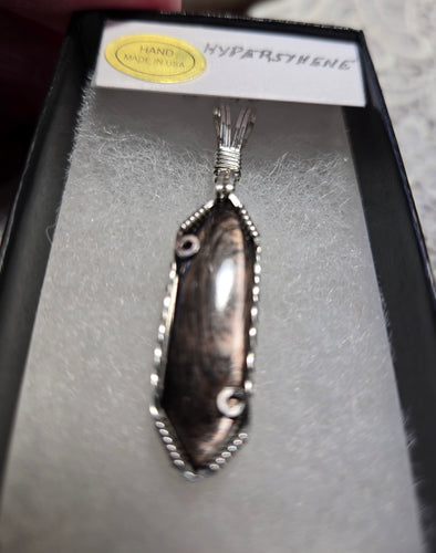 Custom Cut Polished & Wire Wrapped Hypersthene Necklace/Pendant Sterling Silver
