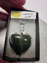 Load image into Gallery viewer, Custom Cut Polished &amp; Wire Wrapped Liberty Iron Ore Furnace Slag Heart Necklace/Pendant Sterling Silver