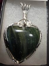 Load image into Gallery viewer, Custom Cut Polished &amp; Wire Wrapped Liberty Iron Ore Furnace Slag Heart Necklace/Pendant Sterling Silver