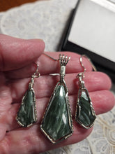 Load image into Gallery viewer, Custom Cut Polished &amp; Wire Wrapped Seraphenite (Angel Stone) Set Necklace/Pendant &amp; Earrings in Sterling Silver