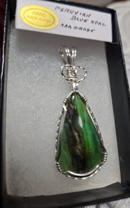 Custom Cut Polished & Wire Wrapped Peruvian Blue Opal Necklace/Pendant Sterling Silver