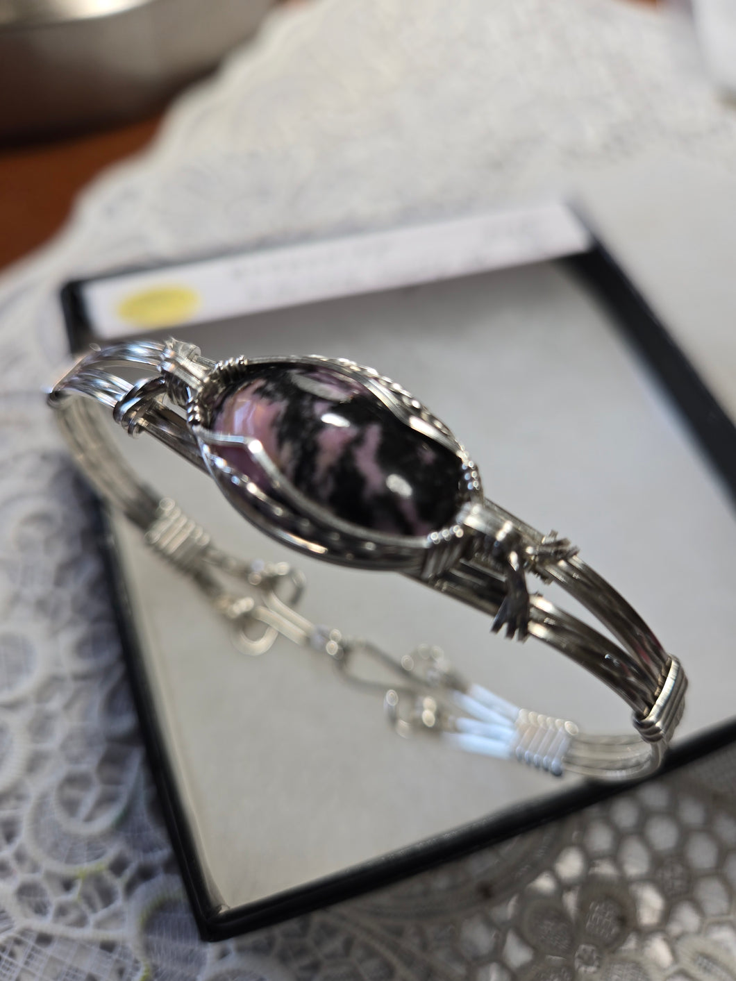 Custom Cut Polished & Wire Wrapped Rhodonite Albemarl Cty, VA Bracelet 7 1/2 Sterling Silver