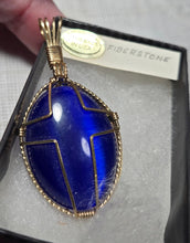 Load image into Gallery viewer, Custom Wire Wrapped Blue Fiberstone/Catseye Cross Necklace/Pendant 14KGF