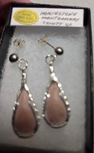Load image into Gallery viewer, Custom Cut Unpolished Polished Wire Wrapped Virginia Tech Pink Hokie Stone Earrings Sterling Silver