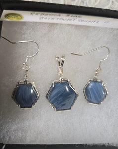 Custom Cut Polished & Wire Wrapped Rebecca Iron Ore Slag Set: Necklace/Pendant Earrings Sterling Silver