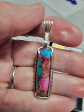 Load image into Gallery viewer, Custom Wire Wrapped Kingman Turquoise Purple Dahlia &amp; Bronze Necklace/Pendant Sterling Silver