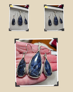 Custom Cut Polished & Wire Wrapped Sodalite Set: Necklace/Pendant Earrings Sterling Silver