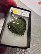 Load image into Gallery viewer, Custom Cut Polished &amp; Wire Wrapped Liberty Iron Ore Furnace Slag Heart Necklace/Pendant Sterling Silver