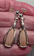 Load image into Gallery viewer, Custom Cut Polished Wire Wrapped Virginia Tech Pink Hokie Stone Earrings Sterling Silver