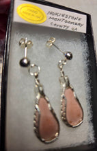 Load image into Gallery viewer, Custom Cut Unpolished Polished Wire Wrapped Virginia Tech Pink Hokie Stone Earrings Sterling Silver