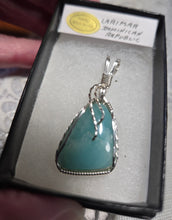 Load image into Gallery viewer, Custom Cut Polished &amp; Wire Wrapped Larimar Necklace/Pendant Sterling Silver
