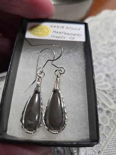 Custom Wire Wrapper Polished Hokie Stone Virginia Tech Gray Quarry: Earrings Sterling Silver