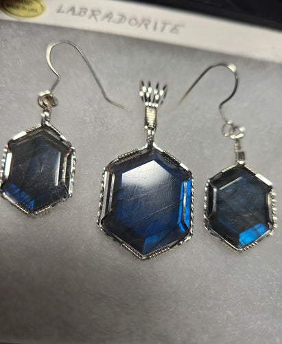 Custom Wire Wrapped Labradorite Set: Necklace/Pendant Earrings Sterling Silver