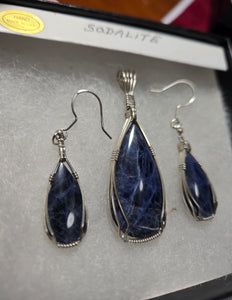 Custom Cut Polished & Wire Wrapped Sodalite Set: Necklace/Pendant Earrings Sterling Silver