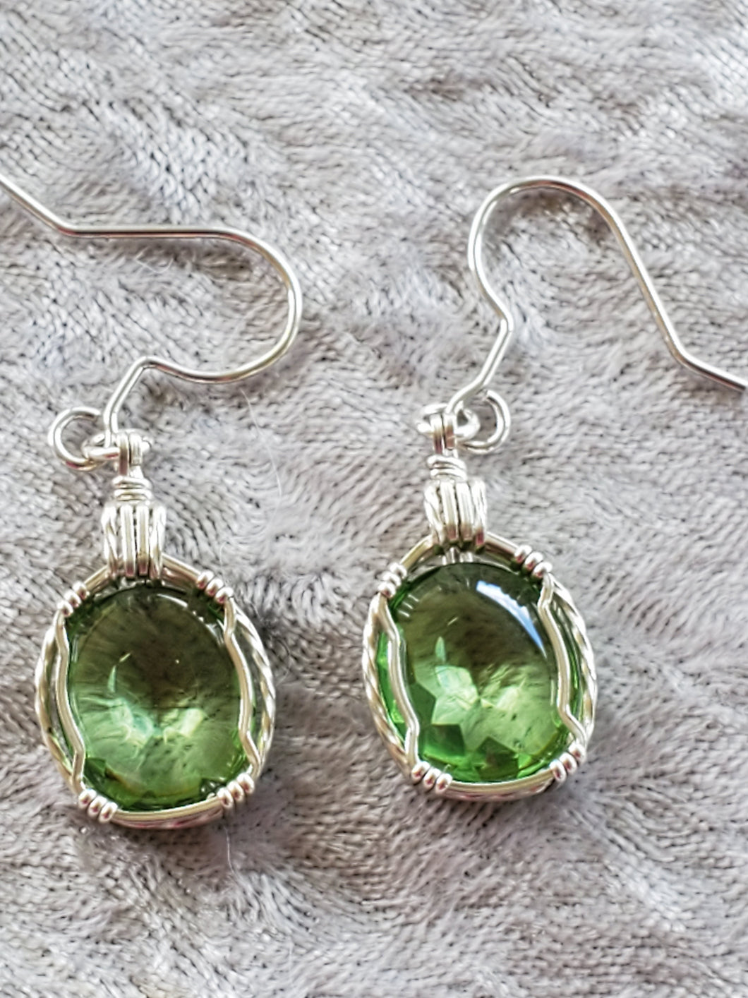 Custom Wire Wrapped Faceted Simulated Peridot (Corundum) Earrings Sterling Silver