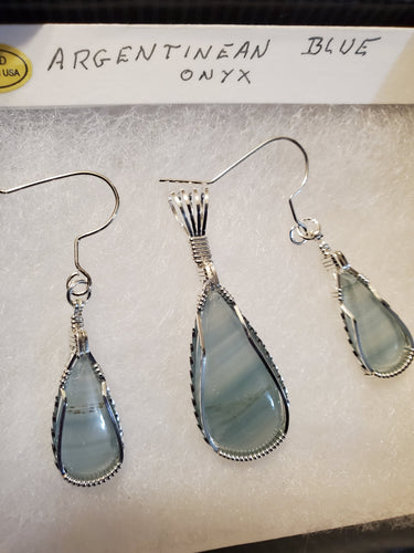 Custom Wire Wrapped Argentinean Blue Onyx Set: Earrings, Necklace/Pendant