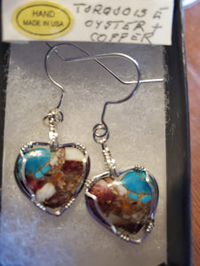 Custom Wire Wrapped Turquoise Oyster & Copper Heart Sterling Silver Earrings