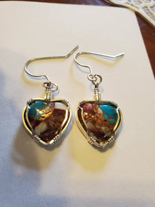 Custom Wire Wrapped Turquoise Oyster & Copper Heart Sterling Silver Earrings