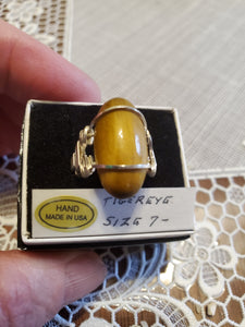 Custom Wire Wrapped Honey Tiger Eye Ring Sterling Silver 7 1/2