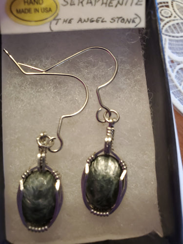 Custom cut polished & Wire Wrapped Seraphenite Earrings Sterling Silver