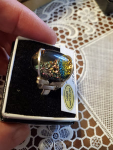 Custom Wire Wrapped Dichroic Glass Ring Sterling Silver Size 7 1/2