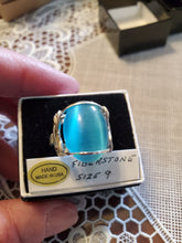 Load image into Gallery viewer, Custom Wire Wrapped Fiberstone Teal Blue (Cats Eye) Ring Size 9 Sterling Silver