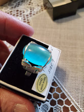 Load image into Gallery viewer, Custom Wire Wrapped Fiberstone Teal Blue (Cats Eye) Ring Size 9 Sterling Silver