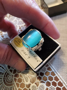 Custom Wire Wrapped Fiberstone Teal Blue (Cats Eye) Ring Size 9 Sterling Silver