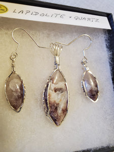 Custom Cut Polished, & Wire Wrapped Lepidolite Set Earring, Necklace/Pendant Sterling Silver
