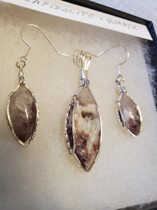 Custom Cut Polished, & Wire Wrapped Lepidolite Set Earring, Necklace/Pendant Sterling Silver